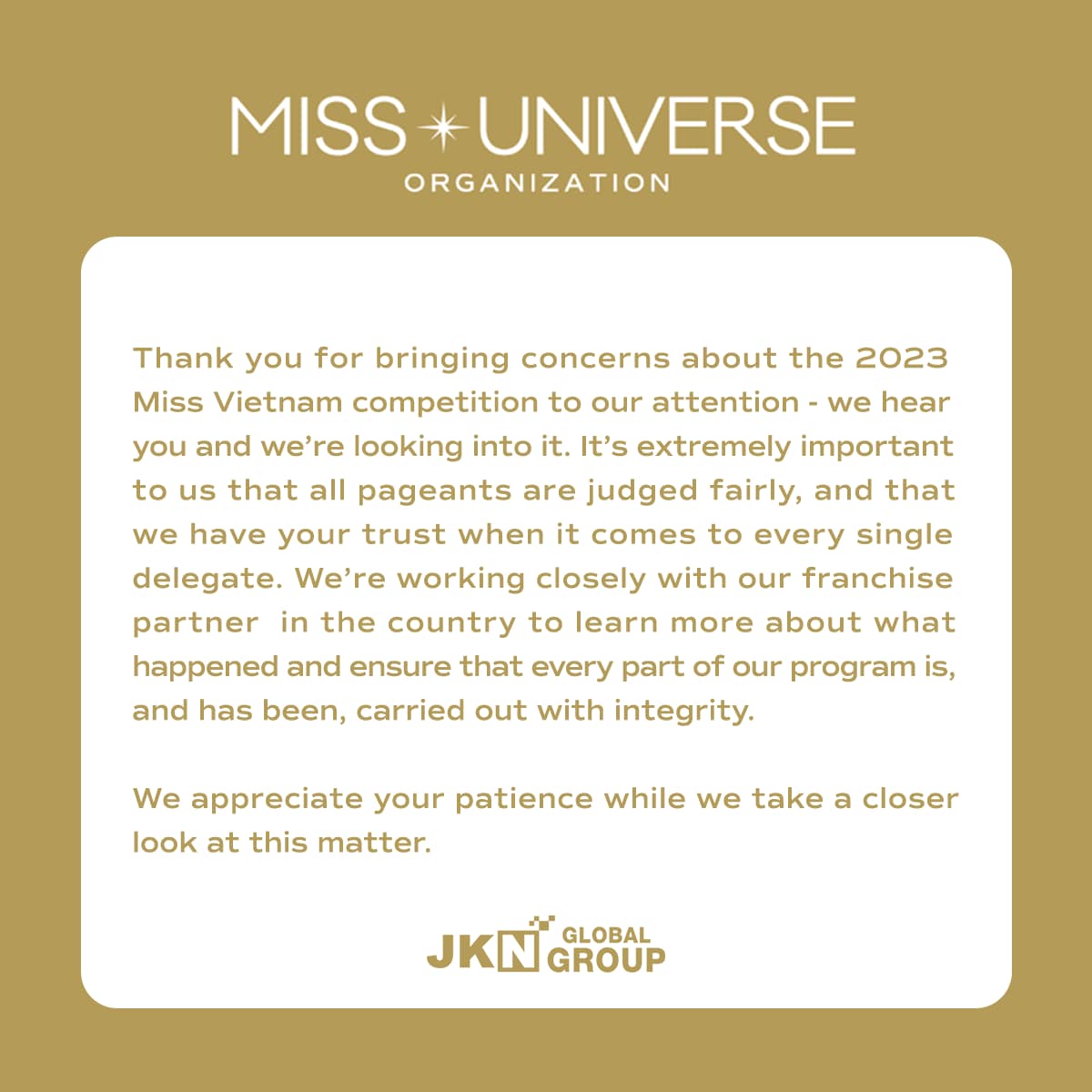 Thông báo mới nhất của tổ chức Miss Universe liên quan đến ồn ào của cuộc thi Miss Universe Vietnam 2023.