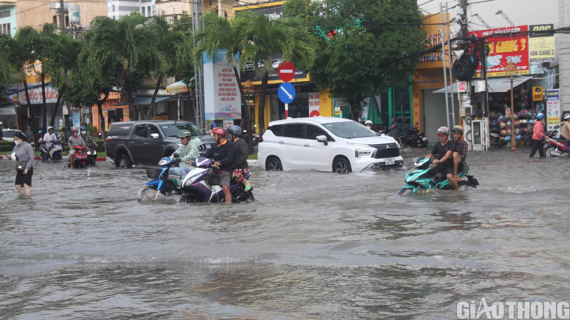 Người dân Bạc Liêu bì bõm dẫn xe lội nước sau cơn mưa lớn kéo dài - Ảnh 1.