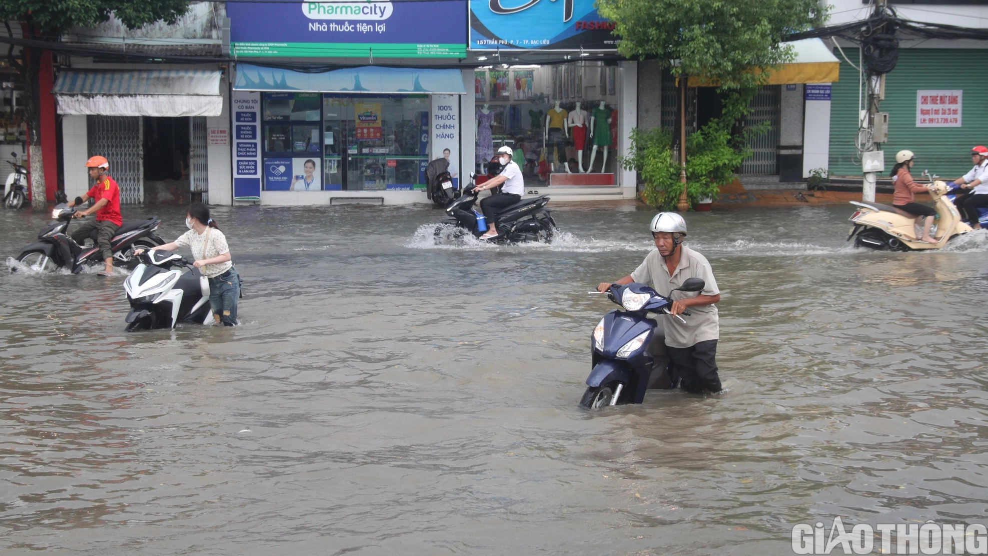 Người dân Bạc Liêu bì bõm dẫn xe lội nước sau cơn mưa lớn kéo dài - Ảnh 4.