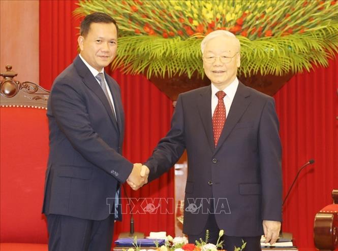 Tổng Bí thư Nguyễn Phú Trọng tiếp Thủ tướng Campuchia Hun Manet - Ảnh 1.