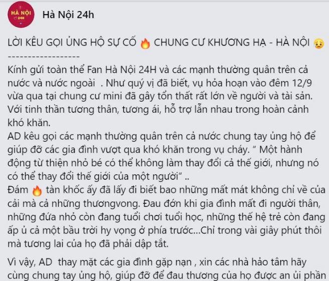 Admin Hà Nội 24h đã xuất hiện, gửi hơn 4 tỷ đồng cho nạn nhân vụ cháy chung cư mini, tung bản full sao kê - Ảnh 1.