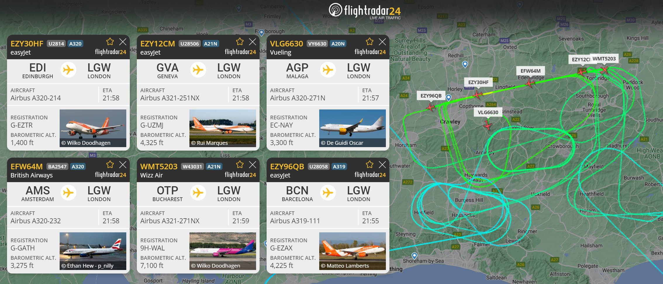 Tình trạng hỗn loạn tại sân bay Gatwick (London, Anh) được ghi lại trên bản đồ FlightRadar24, nhiều chuyến phải thay đổi điểm đến tới các sân bay tại Pháp, Hà Lan, Đức,...