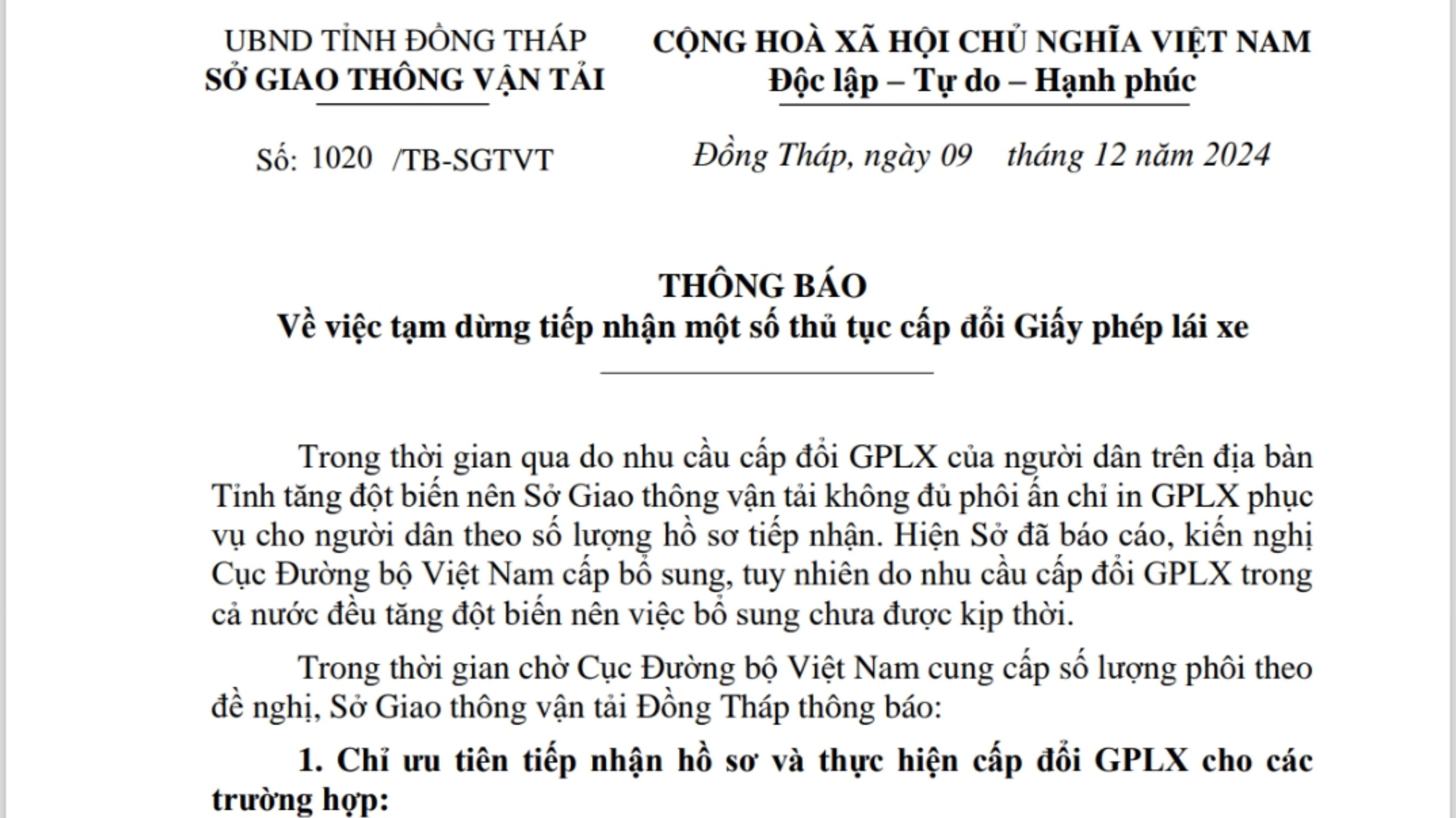 Đồng Tháp: Tạm ngưng tiếp nhận một số thủ tục cấp đổi giấy phép lái xe- Ảnh 1.