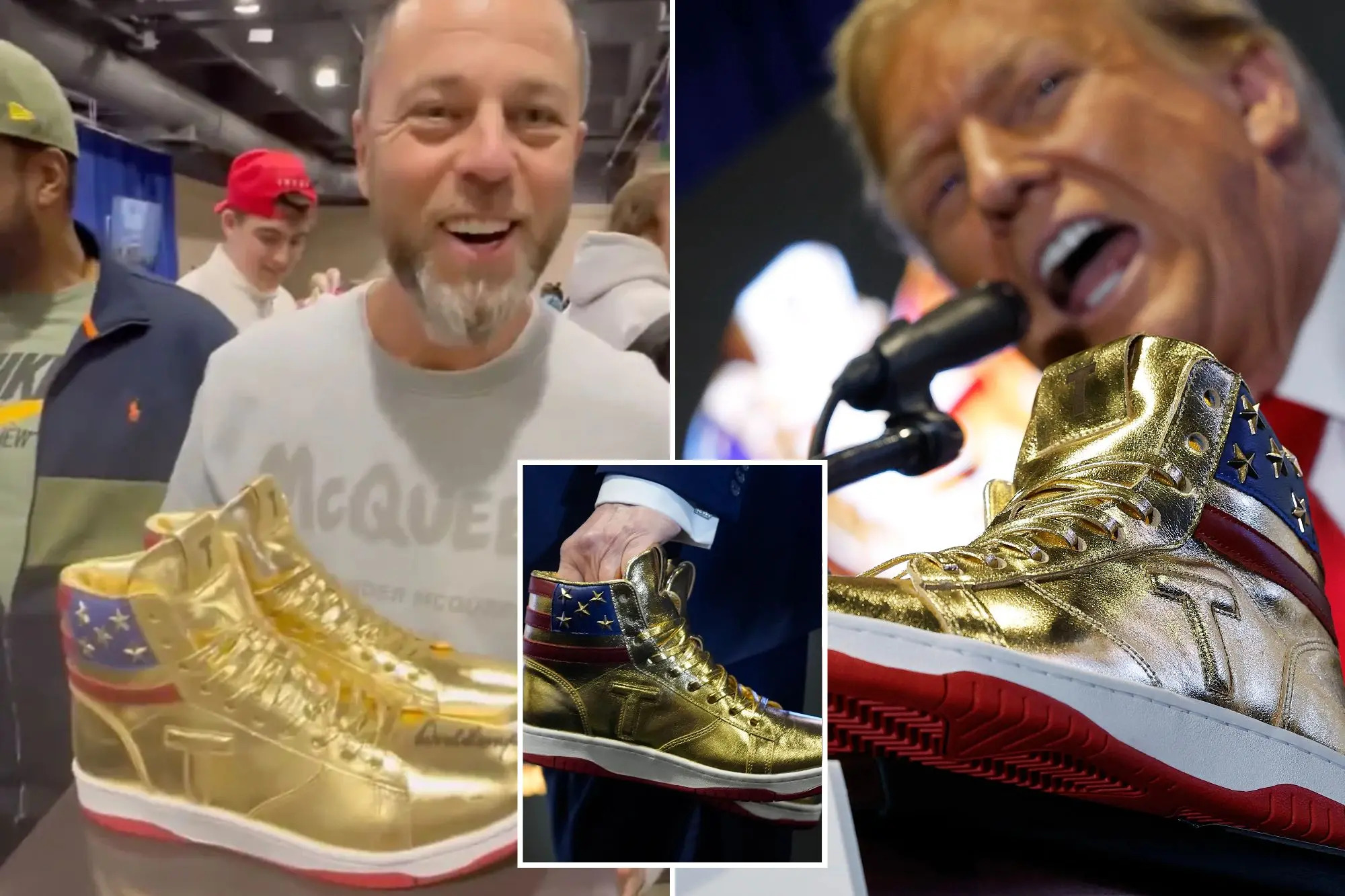Ông Roman Sharf đã giành chiến thắng trong phiên đấu giá đôi giày thể thao màu dát vàng có chữ ký ông Trump. (Ảnh: New York Post)