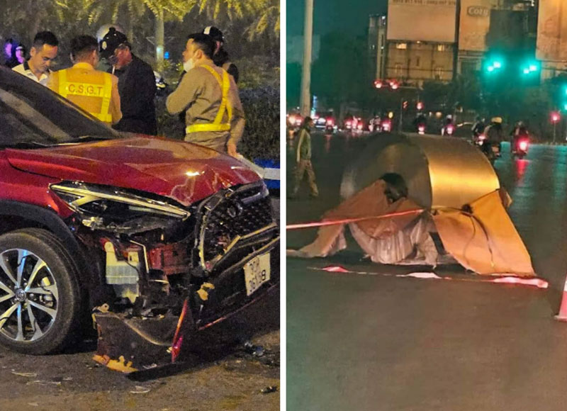 Hiện trường vụ xe container đánh rơi ba cuộn inox khiến một chiếc xe ô tô con hư hỏng ở Hà Nội.