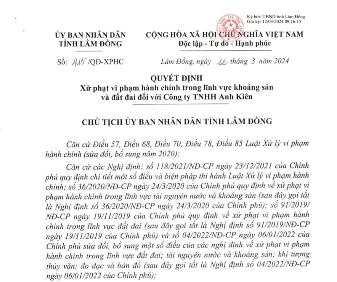 Lâm Đồng phạt 290 triệu đồng, tước giấy phép khai thác khoáng sản Công ty Anh Kiên- Ảnh 2.