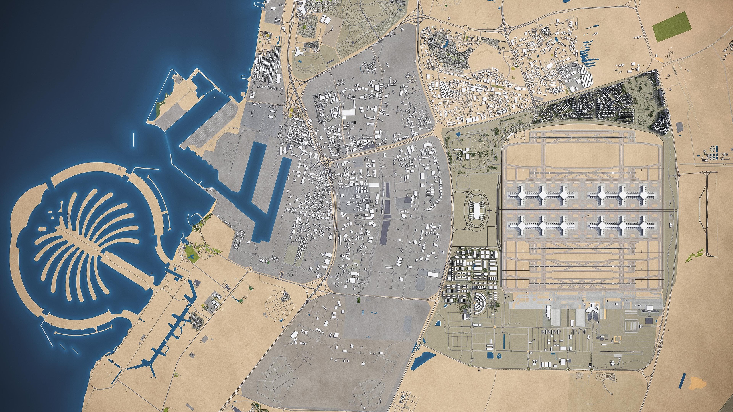 Thành phố sân bay Trung tâm Thế giới Dubai được quy hoạch rộng tới 140km2, kỳ vọng là nơi ở của hơn 1 triệu người, quy tụ những công ty hàng đầu thế giới trong lĩnh vực hậu cầu (logistics) và vận tải hàng không.