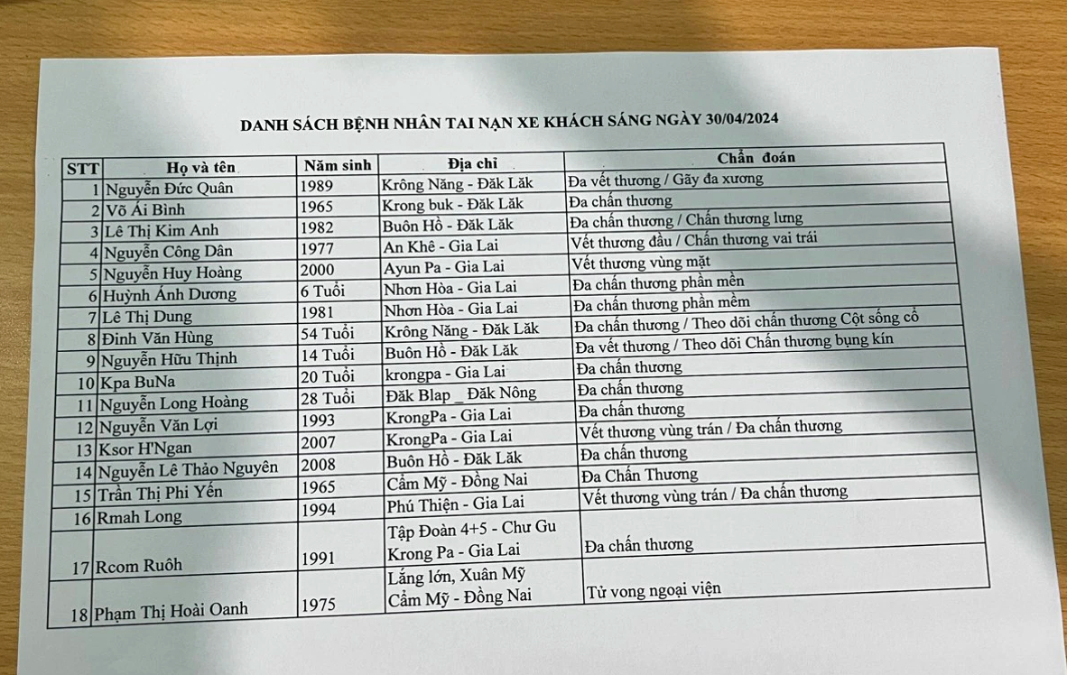 Danh sách nạn nhân tử vong và bị thương vụ 2 xe khách đối đầu ở Gia Lai- Ảnh 2.