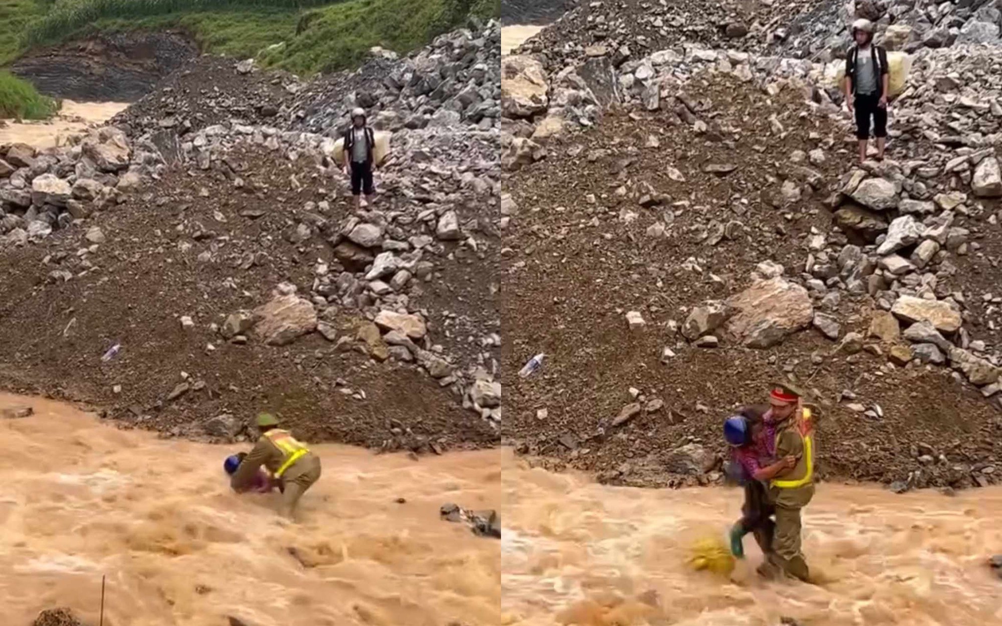 Khoảnh khắc thượng úy công an lao vào dòng nước lũ cứu một gia đình ở Hà Giang