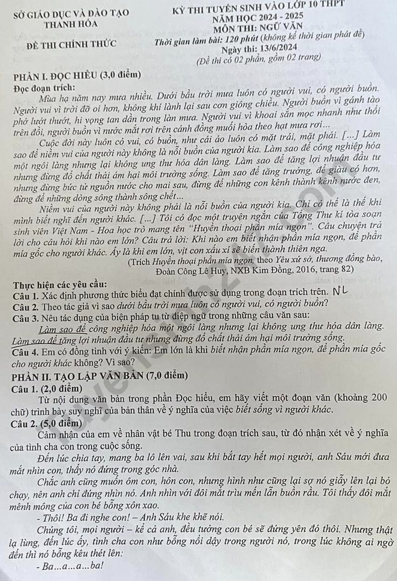 Đáp án đề thi tuyển sinh lớp 10 môn Ngữ văn Thanh Hóa năm 2024- Ảnh 6.