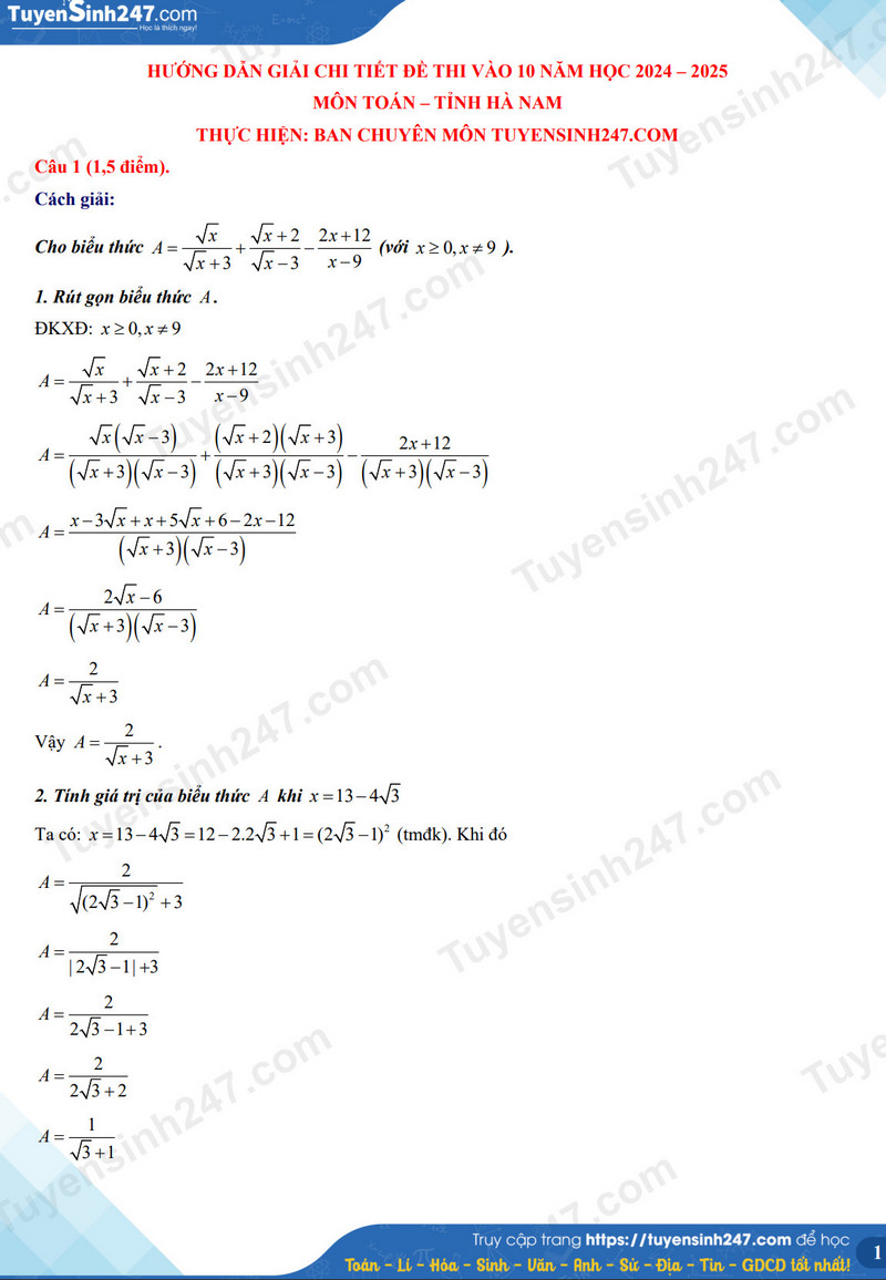 Đáp án đề thi tuyển sinh lớp 10 môn Toán Hà Nam năm 2024- Ảnh 2.