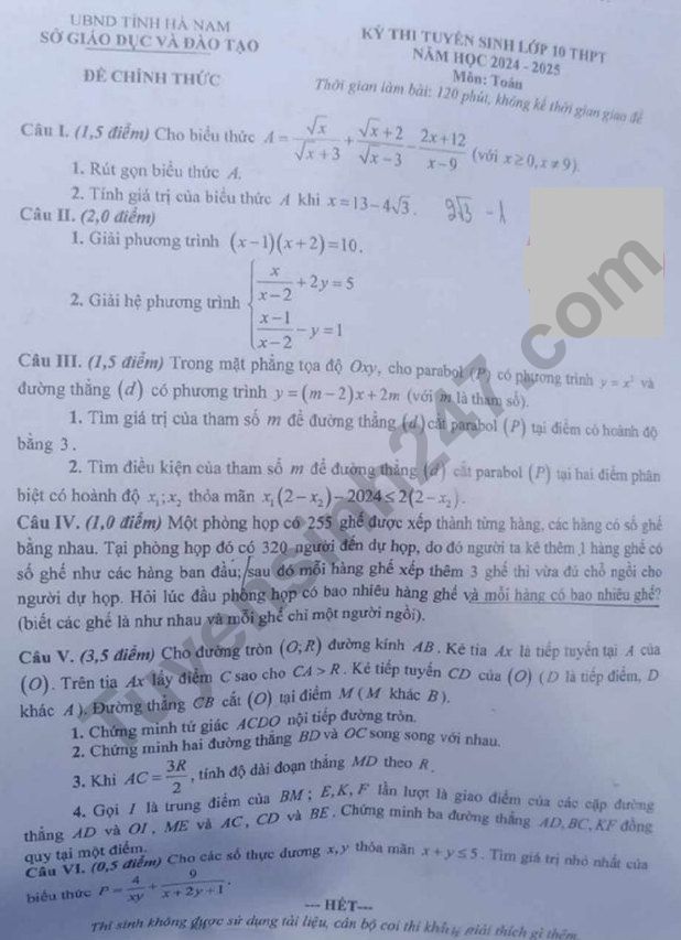 Đáp án đề thi tuyển sinh lớp 10 môn Toán Hà Nam năm 2024- Ảnh 7.