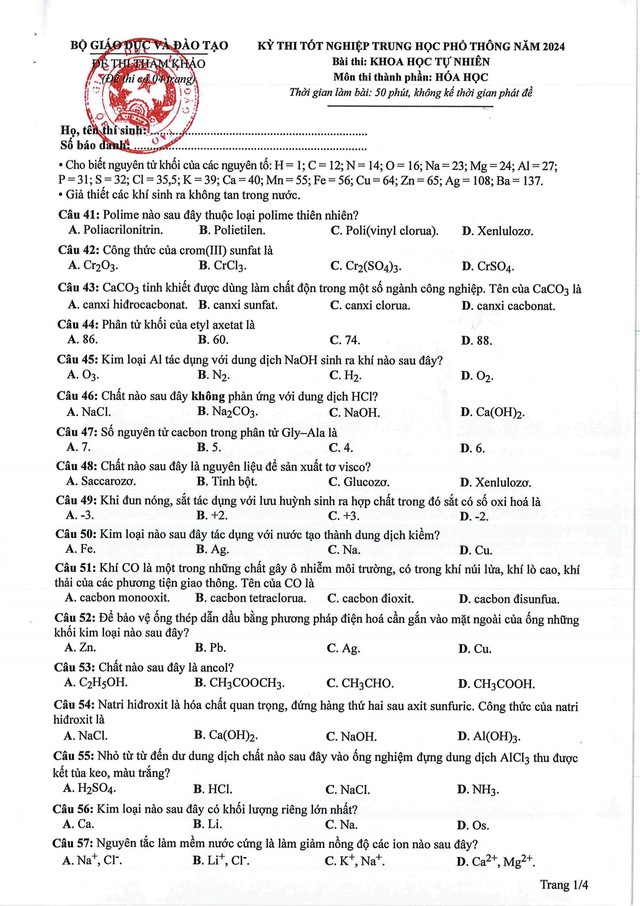 Đáp án đề thi môn Hóa học mã đề 222 tốt nghiệp THPT 2024- Ảnh 2.