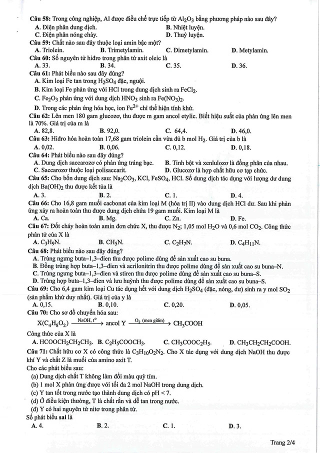 Đáp án đề thi môn Hóa học mã đề 222 tốt nghiệp THPT 2024- Ảnh 3.
