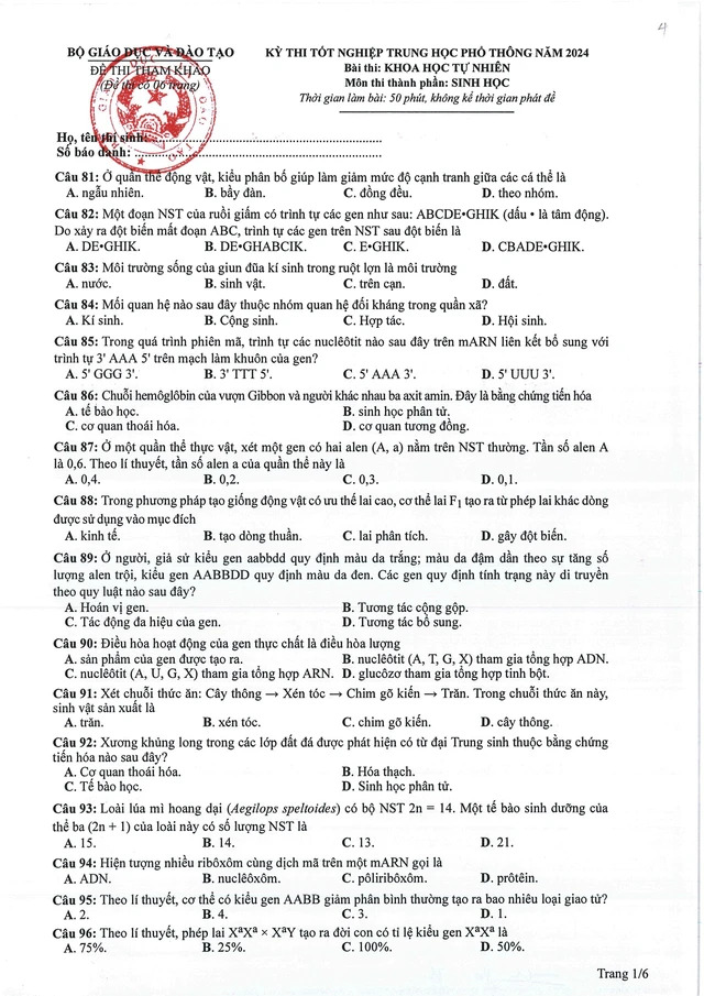 Đáp án đề thi môn Sinh học mã đề 221 tốt nghiệp THPT 2024- Ảnh 2.
