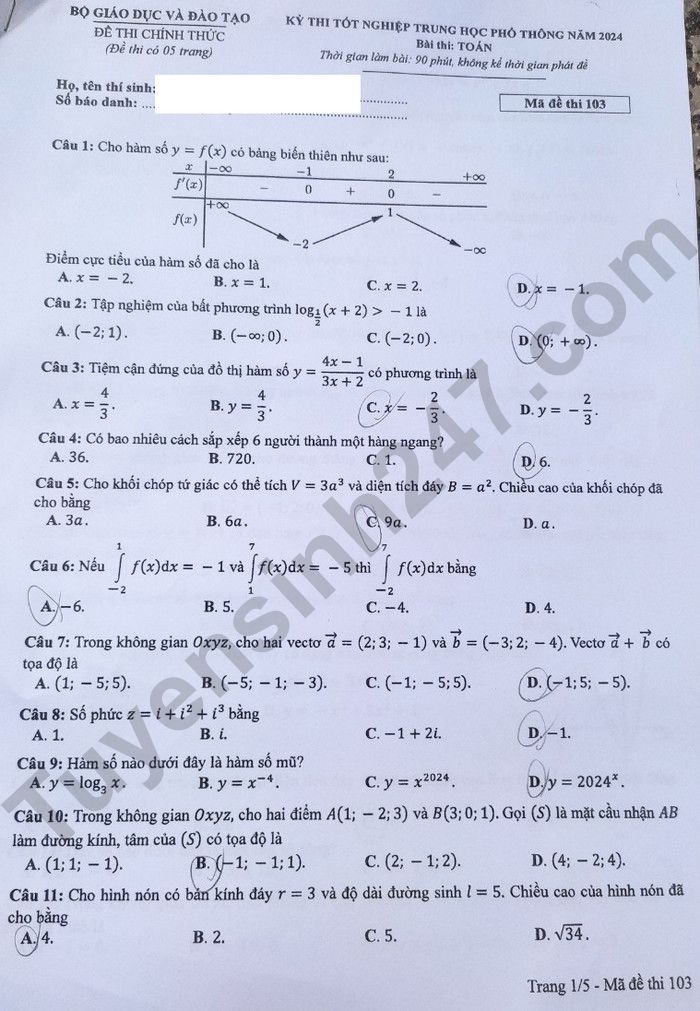 Đề thi môn Toán THPT 2024 tất cả 24 mã đề nhanh nhất- Ảnh 6.