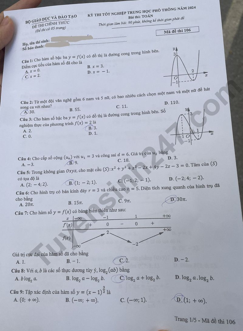 Đề thi môn Toán THPT 2024 tất cả 24 mã đề nhanh nhất- Ảnh 7.