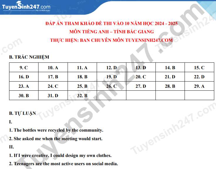 Đáp án đề thi tuyển sinh lớp 10 môn Tiếng Anh Bắc Giang năm 2024- Ảnh 5.