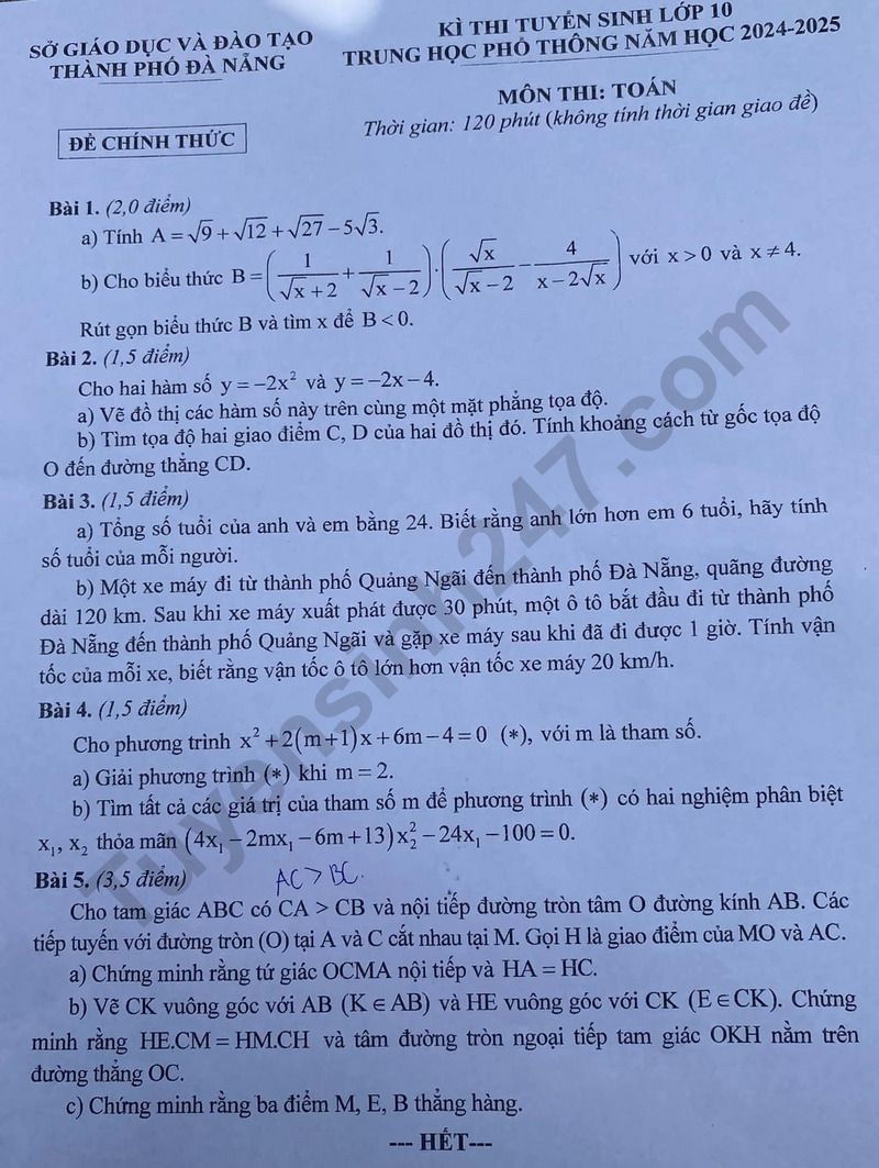 Đáp án đề thi tuyển sinh lớp 10 môn Toán Đà Nẵng năm 2024- Ảnh 2.