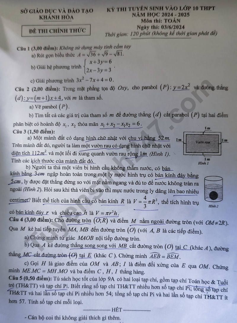 Đáp án đề thi tuyển sinh lớp 10 môn Toán Khánh Hòa năm 2024- Ảnh 2.