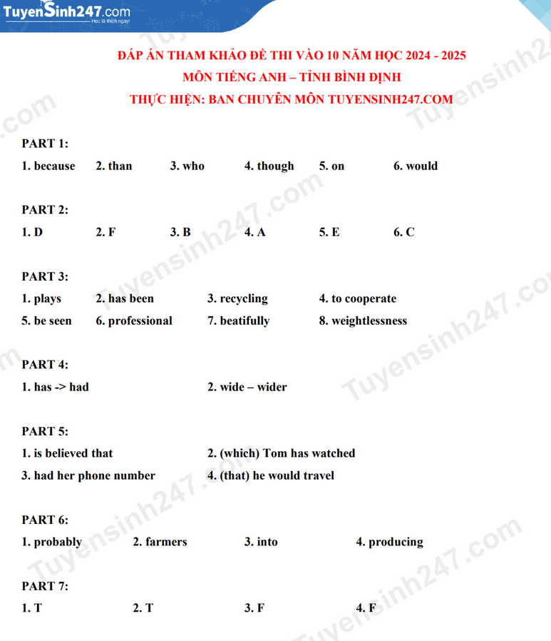 Đáp án đề thi tuyển sinh lớp 10 môn Tiếng Anh Bình Định năm 2024- Ảnh 3.
