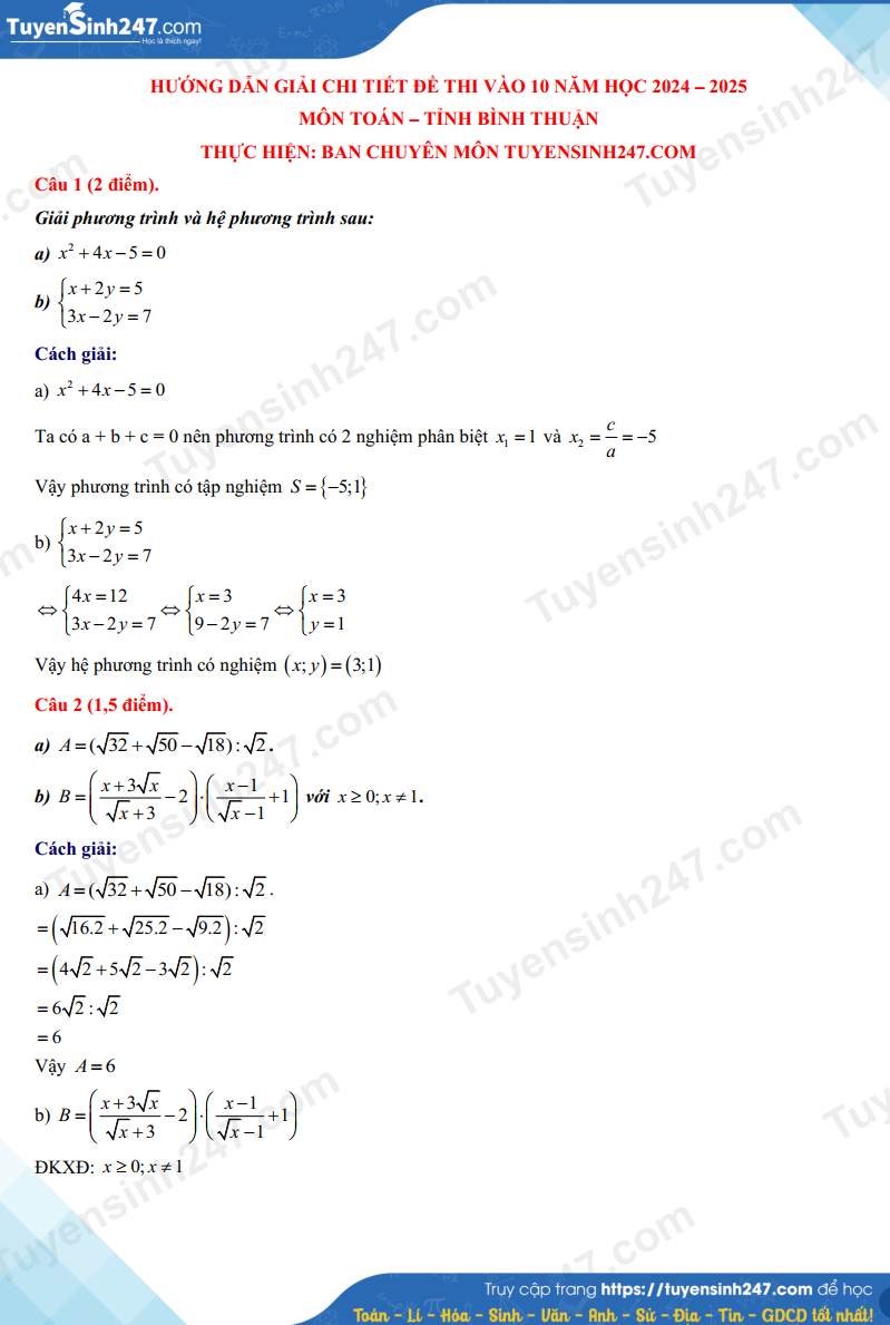 Đáp án đề thi tuyển sinh lớp 10 môn Toán Bình Thuận năm 2024- Ảnh 3.