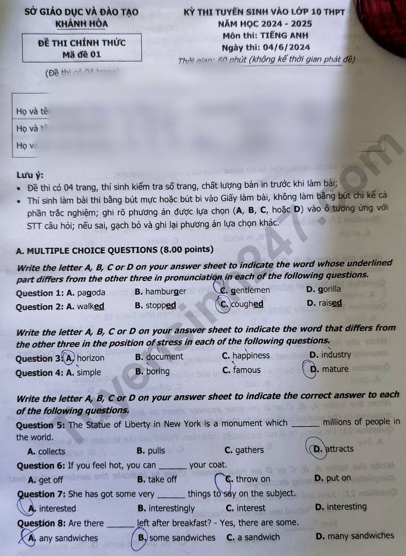 Đáp án đề thi tuyển sinh lớp 10 môn Tiếng Anh Khánh Hòa năm 2024- Ảnh 2.