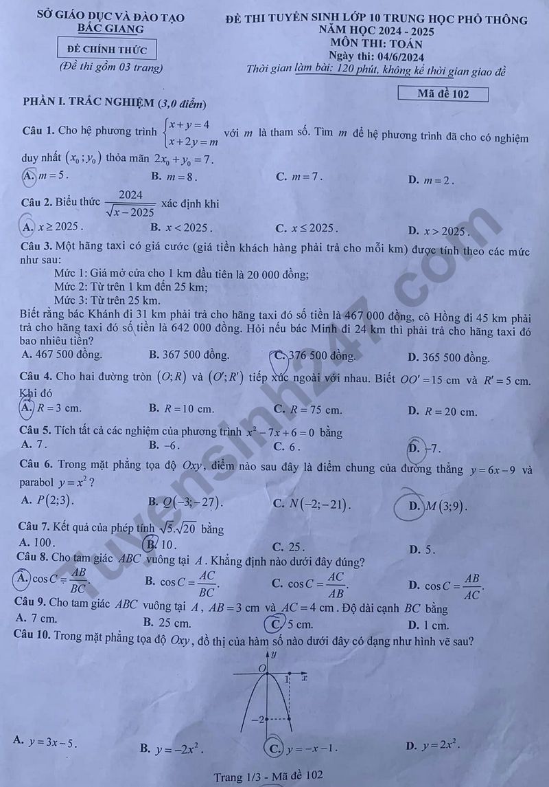 Đáp án đề thi tuyển sinh lớp 10 môn Toán Bắc Giang năm 2024- Ảnh 2.