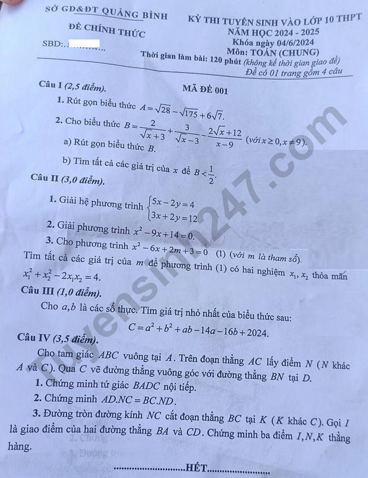 Đáp án đề thi tuyển sinh lớp 10 môn Toán Quảng Bình năm 2024- Ảnh 2.