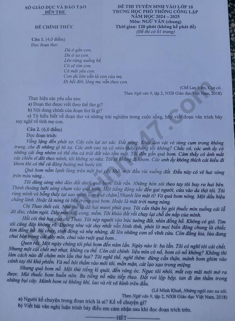 Đáp án đề thi tuyển sinh lớp 10 môn Ngữ văn Bến Tre năm 2024- Ảnh 2.