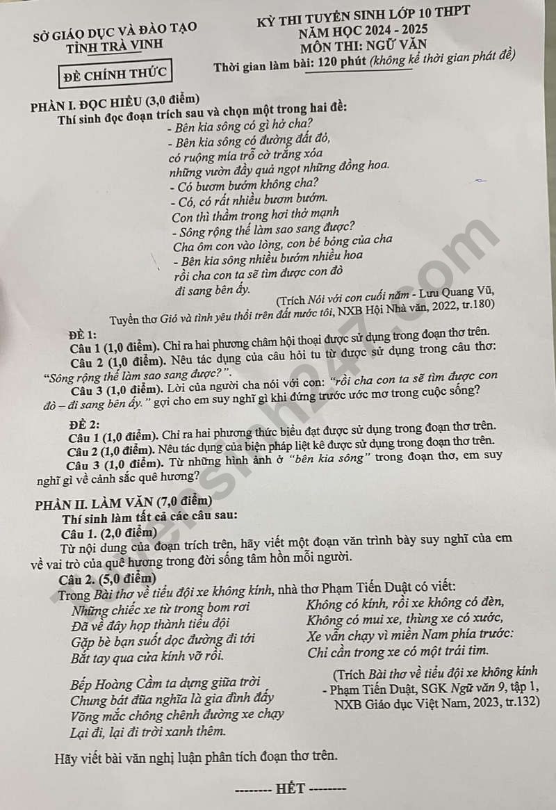 Đáp án đề thi tuyển sinh lớp 10 môn Ngữ văn Trà Vinh năm 2024- Ảnh 2.