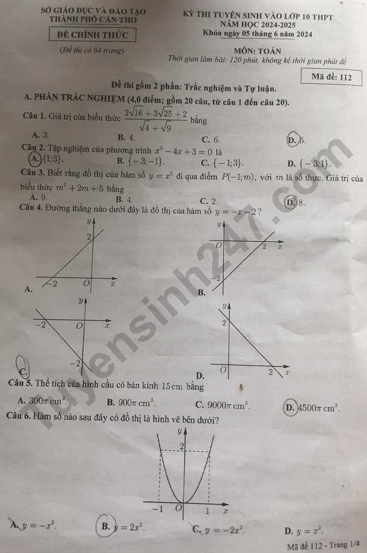 Đáp án đề thi tuyển sinh lớp 10 môn Toán Cần Thơ năm 2024- Ảnh 2.