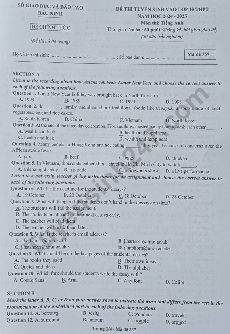 Đáp án đề thi tuyển sinh lớp 10 môn Tiếng Anh Bắc Ninh năm 2024- Ảnh 2. Đáp án đề thi tuyển sinh lớp 10 môn Tiếng Anh Bắc Ninh năm 2024- Ảnh 2.