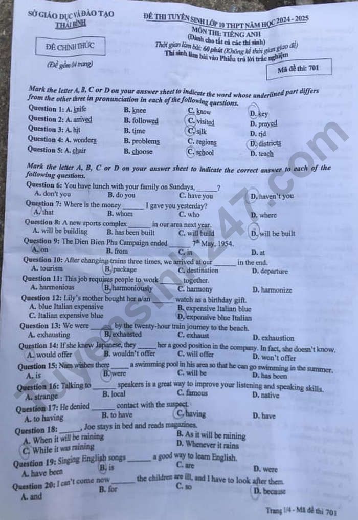Đáp án đề thi tuyển sinh lớp 10 môn Tiếng Anh Thái Bình năm 2024- Ảnh 3.