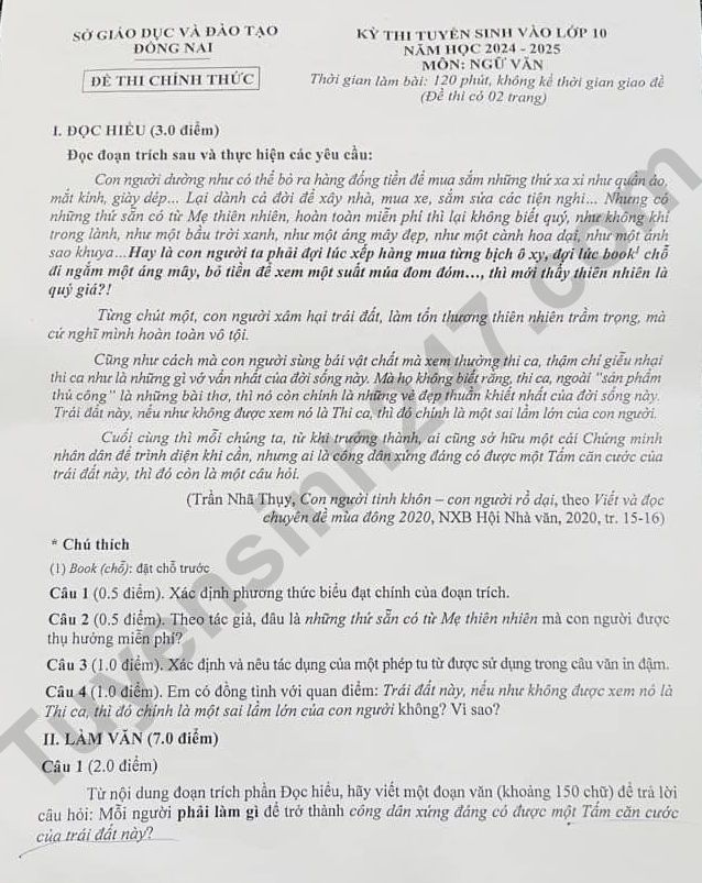 Đáp án đề thi tuyển sinh lớp 10 môn Ngữ văn Đồng Nai năm 2024- Ảnh 5. Đáp án đề thi tuyển sinh lớp 10 môn Ngữ văn Đồng Nai năm 2024- Ảnh 5.