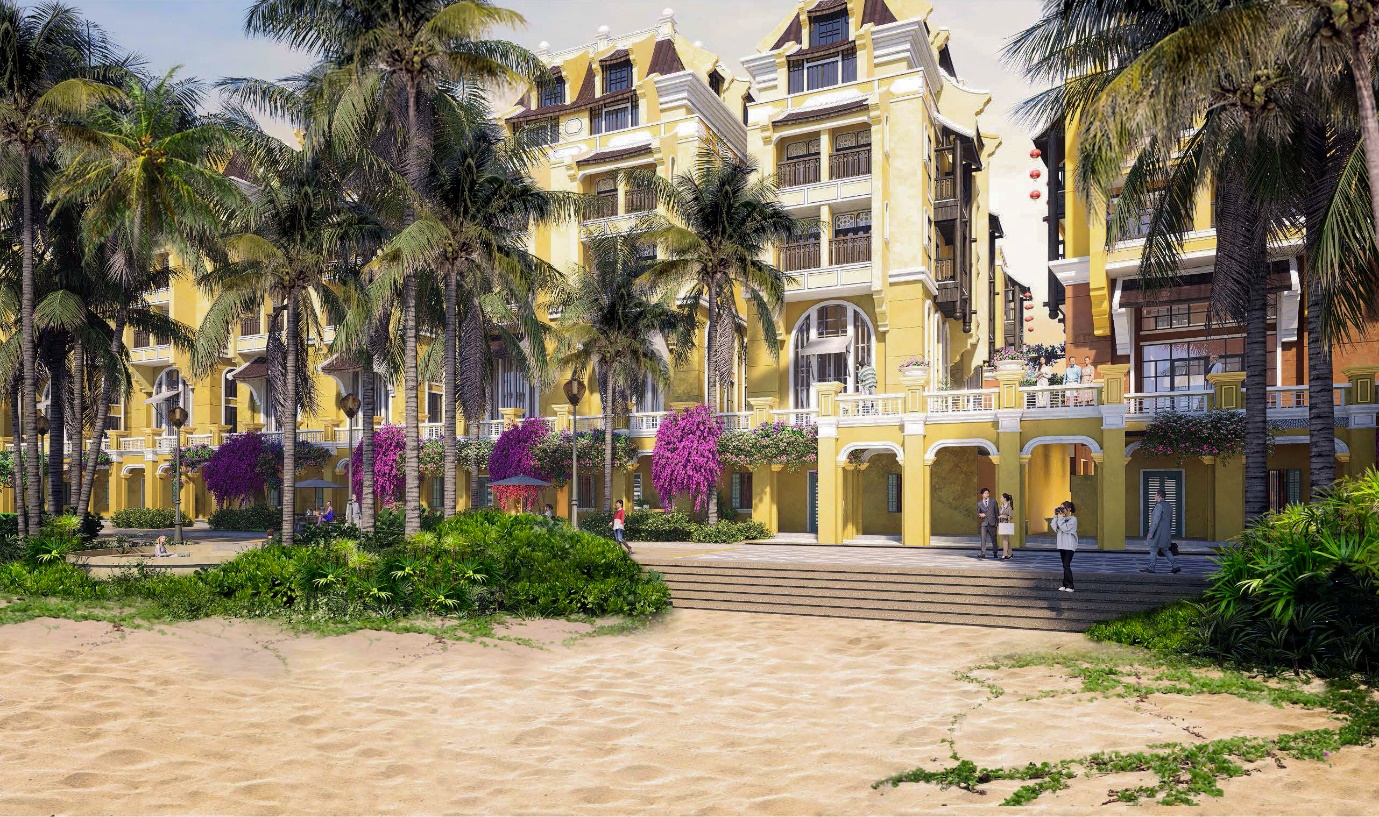 A building with palm trees and people walking in front of it  Description automatically generated