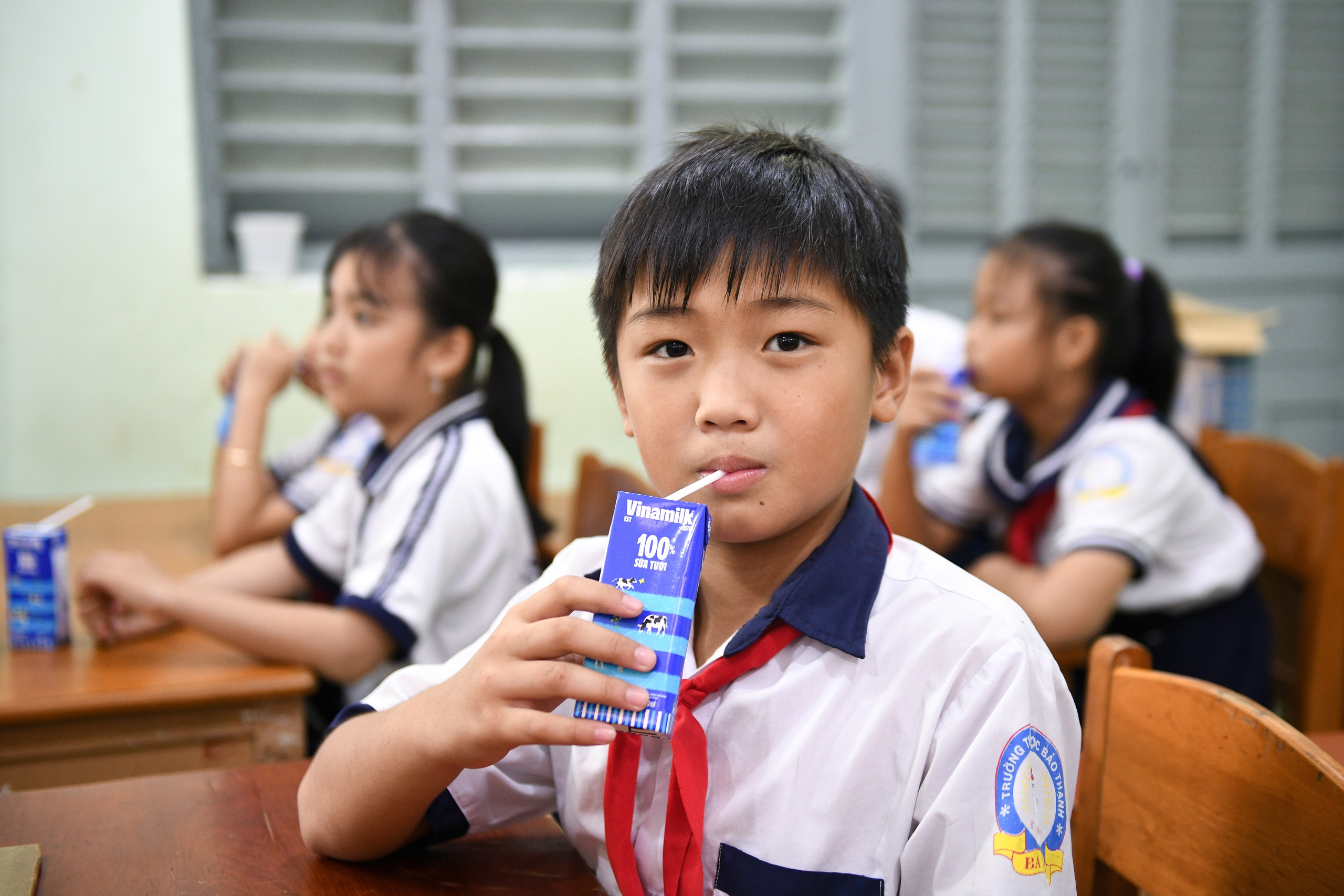 Ngay trong buổi học đầu tiên của năm học mới các em đã được uống sữa theo chương trình.