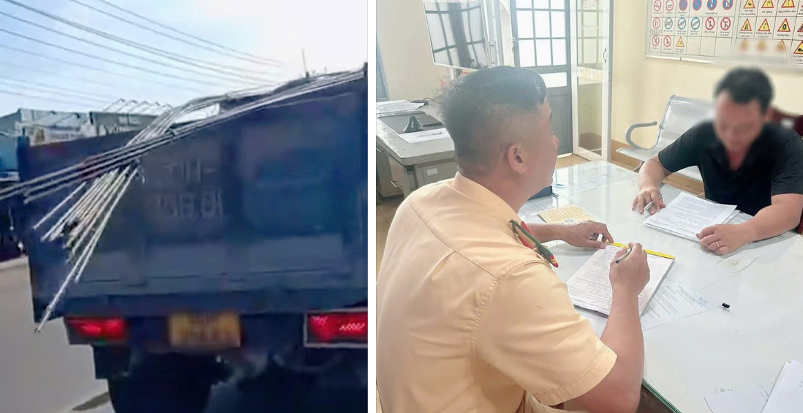 Từ phản ánh của người dân, CSGT Đồng Nai xử lý xe tải chở thép vượt chiều dài thùng- Ảnh 1. Từ phản ánh của người dân, CSGT Đồng Nai xử lý xe tải chở thép vượt chiều dài thùng- Ảnh 1.