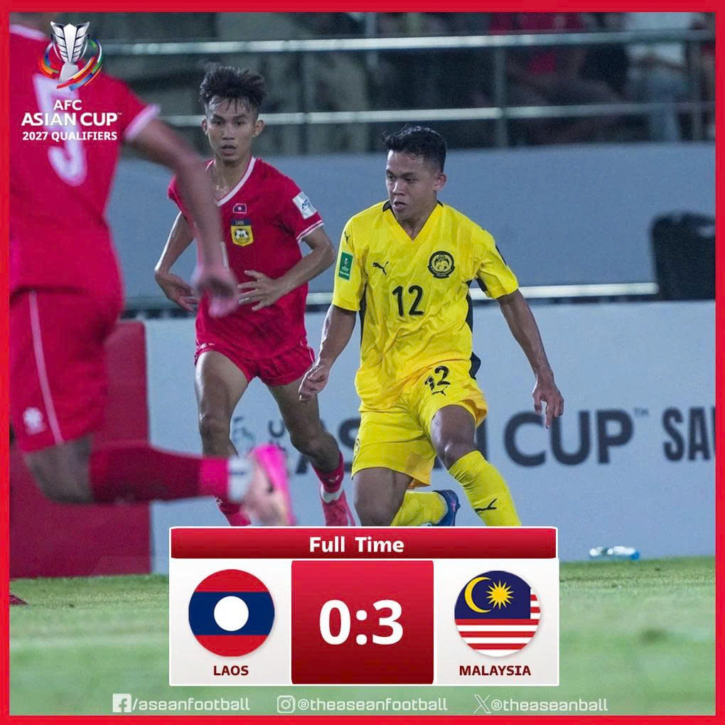 Vòng loại Asian Cup 2027: Mất 7 trụ cột vì án phạt, Malaysia thắng Lào 3-0- Ảnh 1. Vòng loại Asian Cup 2027: Mất 7 trụ cột vì án phạt, Malaysia thắng Lào 3-0- Ảnh 1.