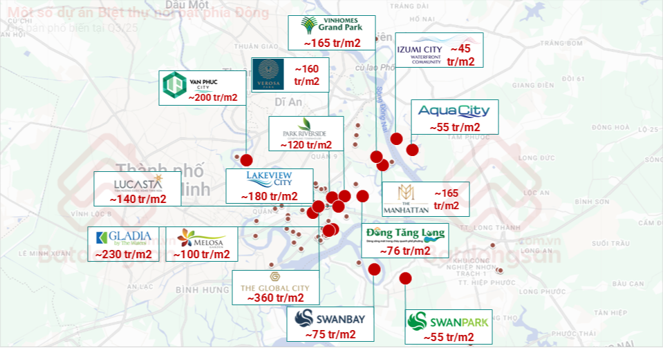 Vùng đô thị vệ tinh phía Đông TP.HCM: Tâm điểm tăng trưởng mới của thị trường bất động sản- Ảnh 2. A map with many logos and numbers AI-generated content may be incorrect.
