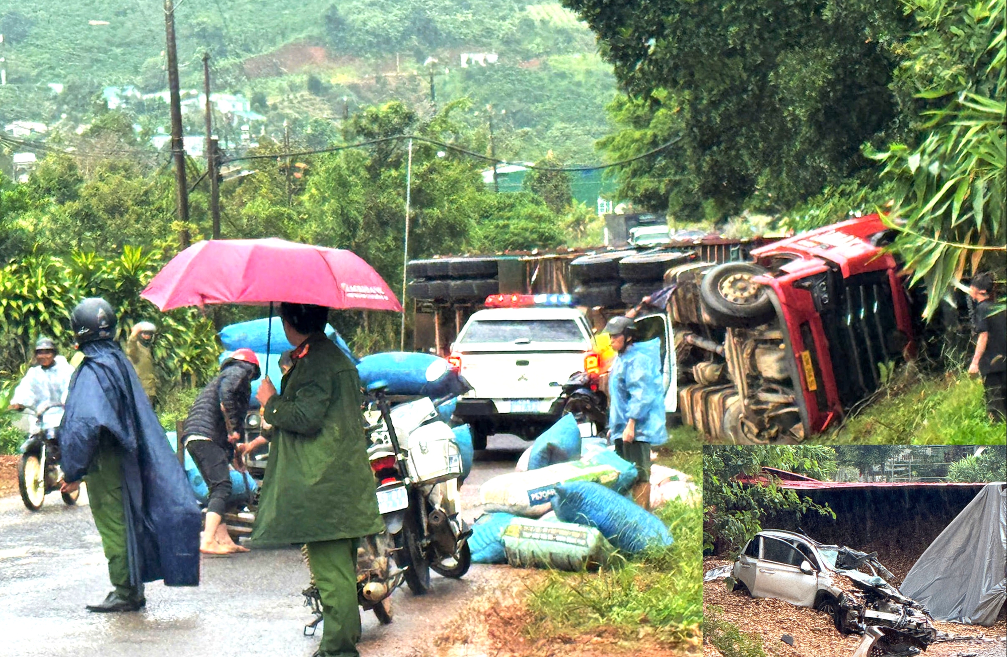5 người bị thương trong vụ xe container lật, đ&egrave; bẹp &ocirc; t&ocirc; con ở L&acirc;m Đồng - Ảnh 1.