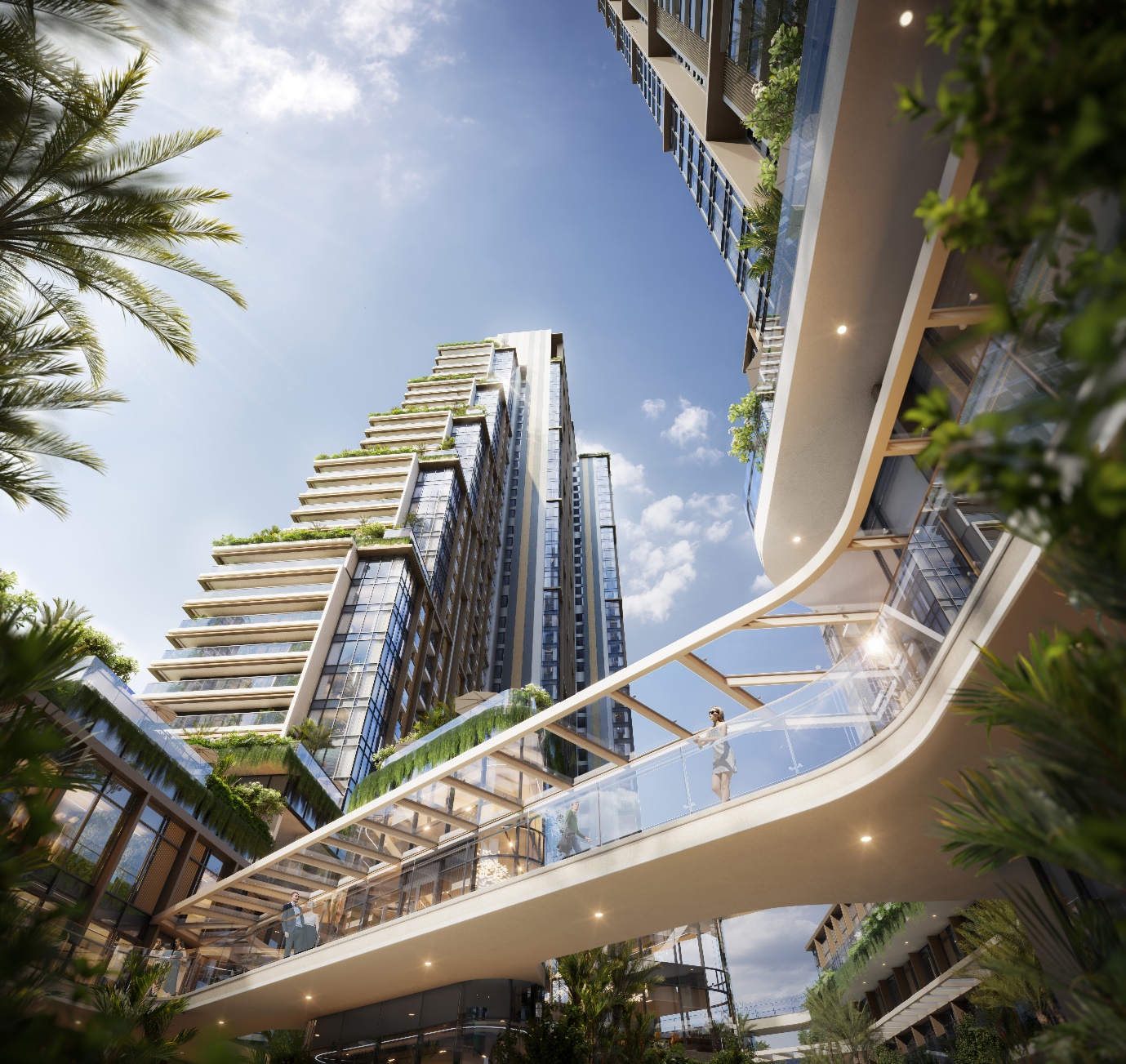 A tall building with a glass walkway  AI-generated content may be incorrect.