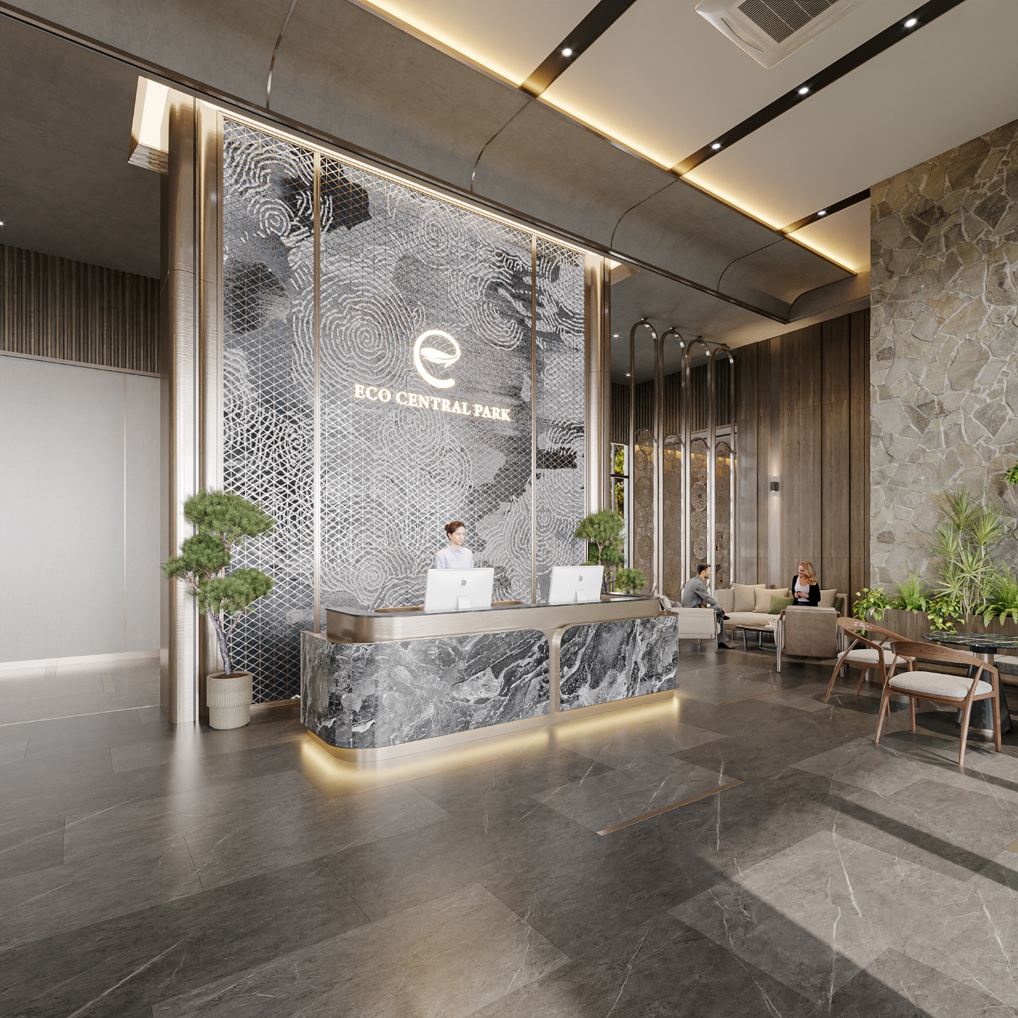 A lobby with a marble counter and a marble wall  Description automatically generated