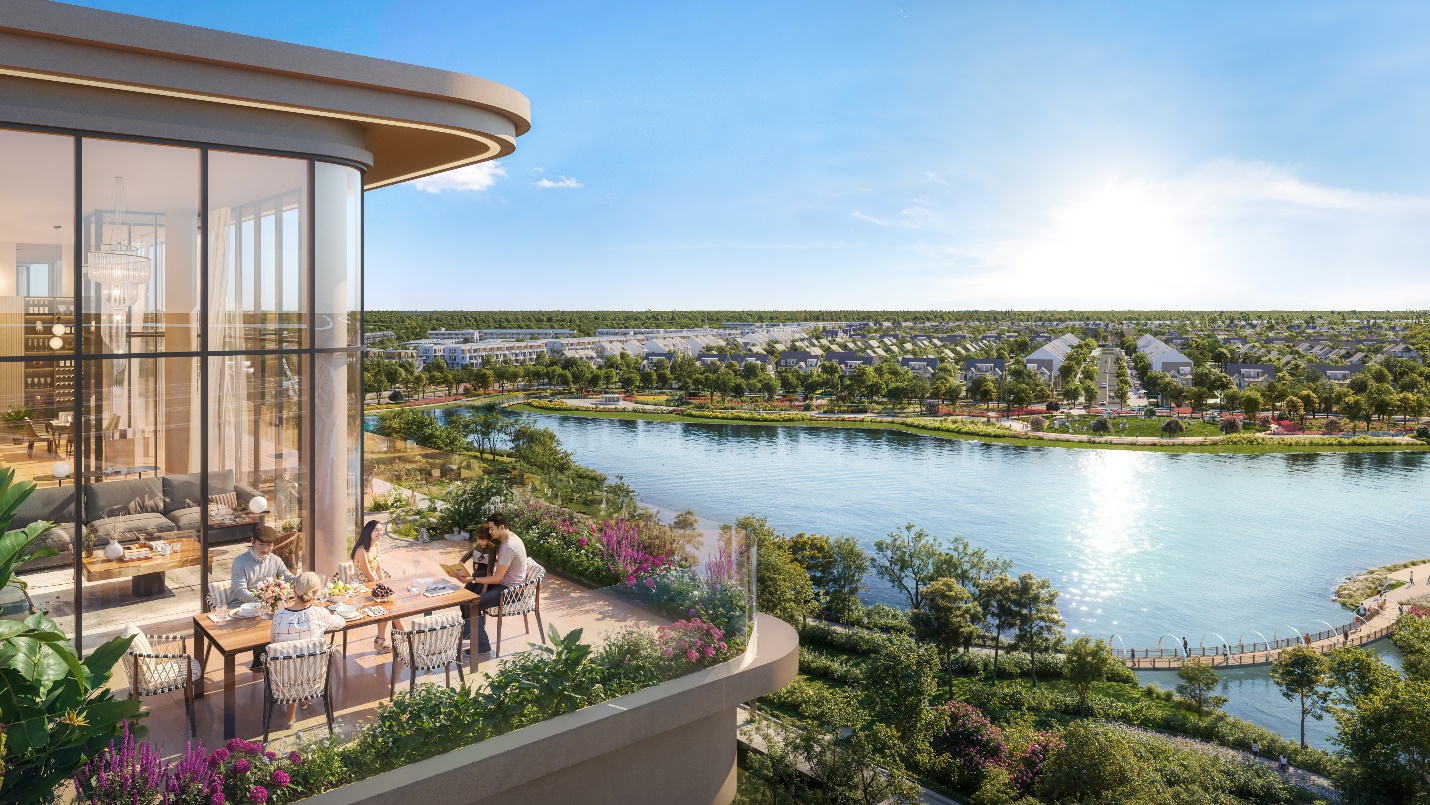 A building with a view of a river and a group of people  Description automatically generated