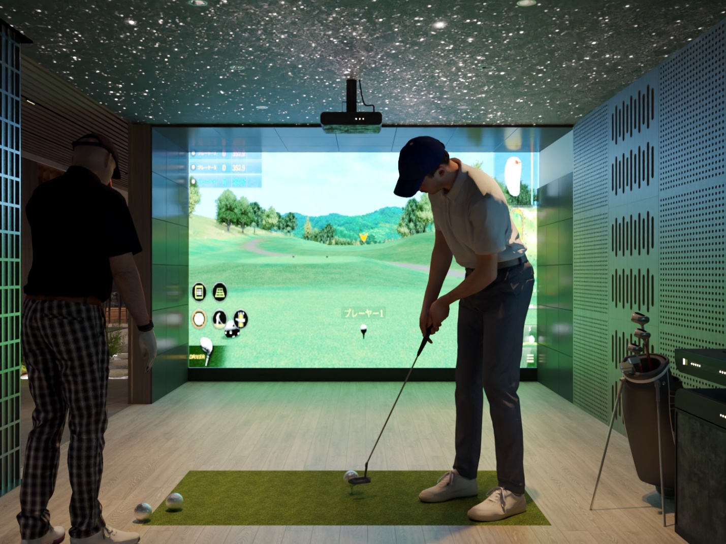 A person playing golf in a room  Description automatically generated