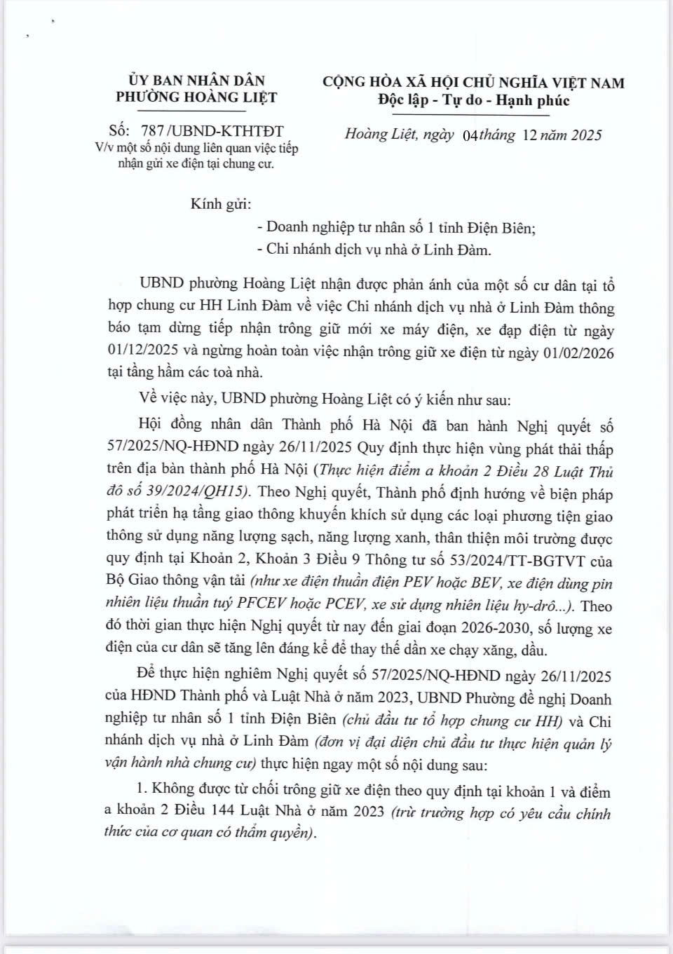 Chung cư HH Linh Đàm thông báo cấm xe điện: Hợp lý hay đi ngược chủ trương?- Ảnh 1.