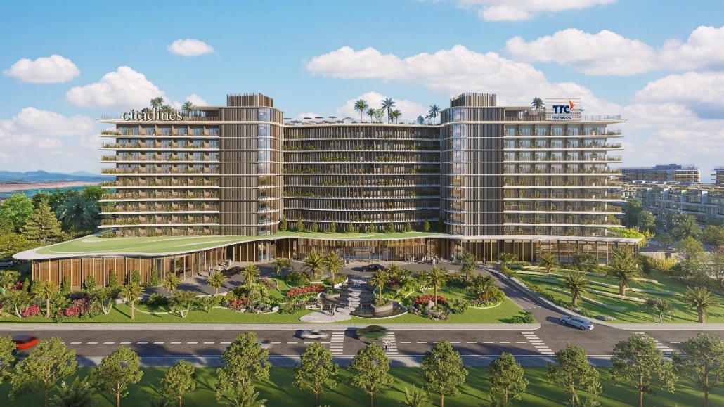 TTC Phú Quốc và Ascott ký hợp đồng vận hành Citadines Selavia Phu Quoc- Ảnh 3. A building with trees and a road AI-generated content may be incorrect.
