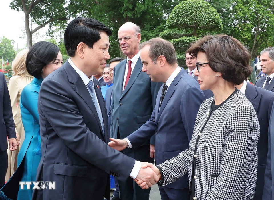 Chủ tịch nước Lương Cường chủ trì lễ đón trọng thể Tổng thống Pháp Emmanuel Macron- Ảnh 8. Chủ tịch nước Lương Cường chủ trì lễ đón trọng thể Tổng thống Pháp Emmanuel Macron- Ảnh 8.