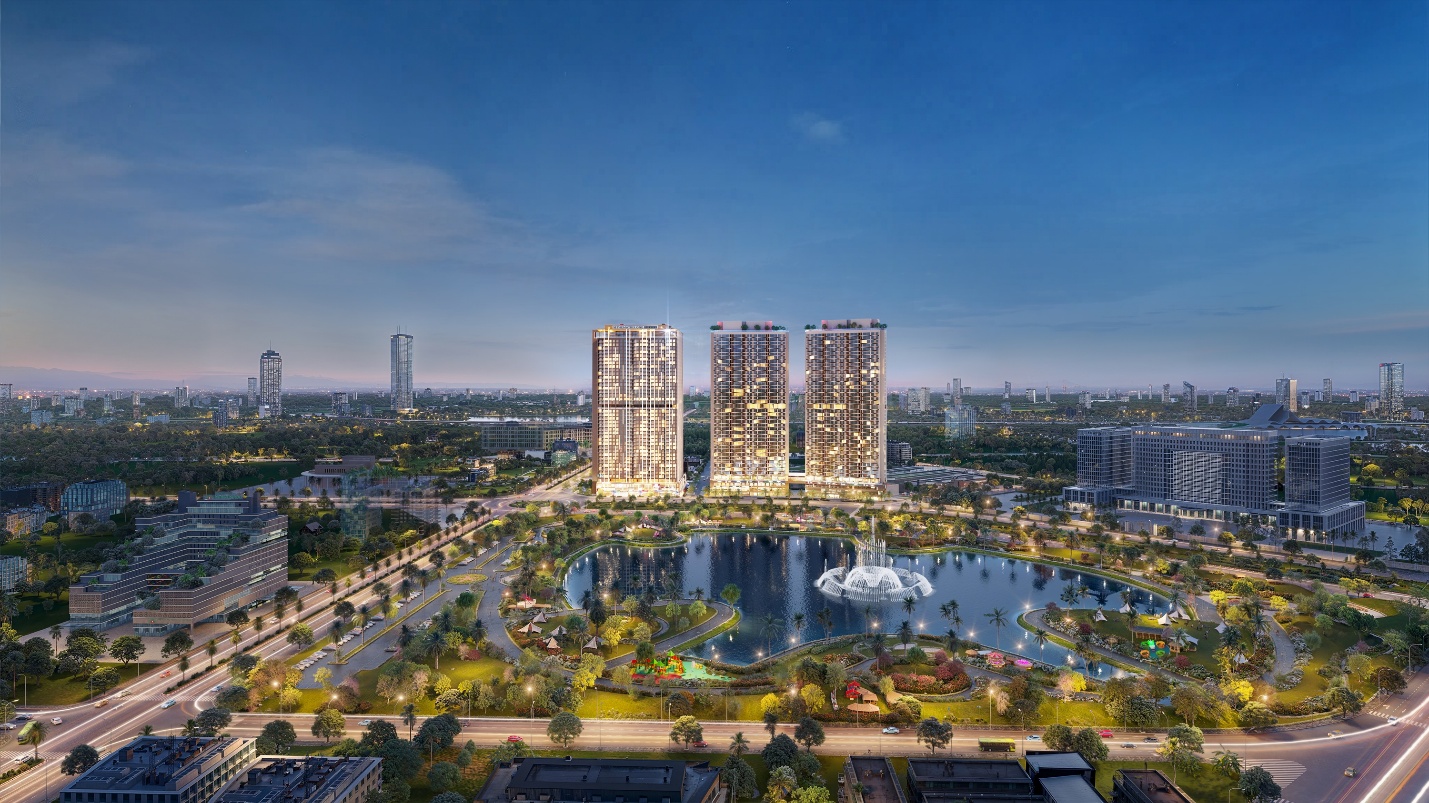 The Matrix One Premium: Nơi cộng đồng tinh hoa hưởng trọn đặc quyền sống đẳng cấp 5 sao- Ảnh 2. A city with a fountain and buildings AI-generated content may be incorrect.