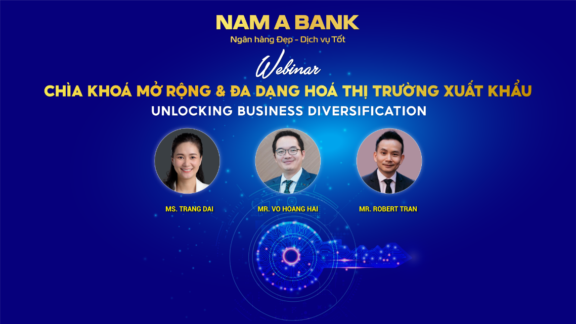 Nam A Bank tổ chức hội thảo “Chìa khóa mở rộng và đa dạng hóa thị trường xuất khẩu”- Ảnh 1. A group of people on a blue background AI-generated content may be incorrect.